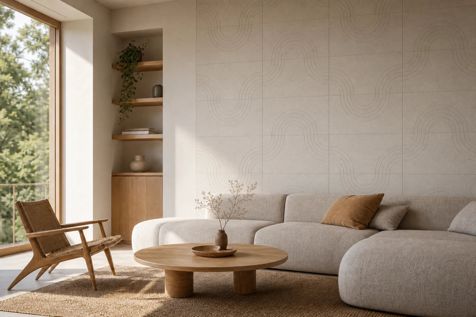 Acoustic Curvy wall tiles in a warm living room