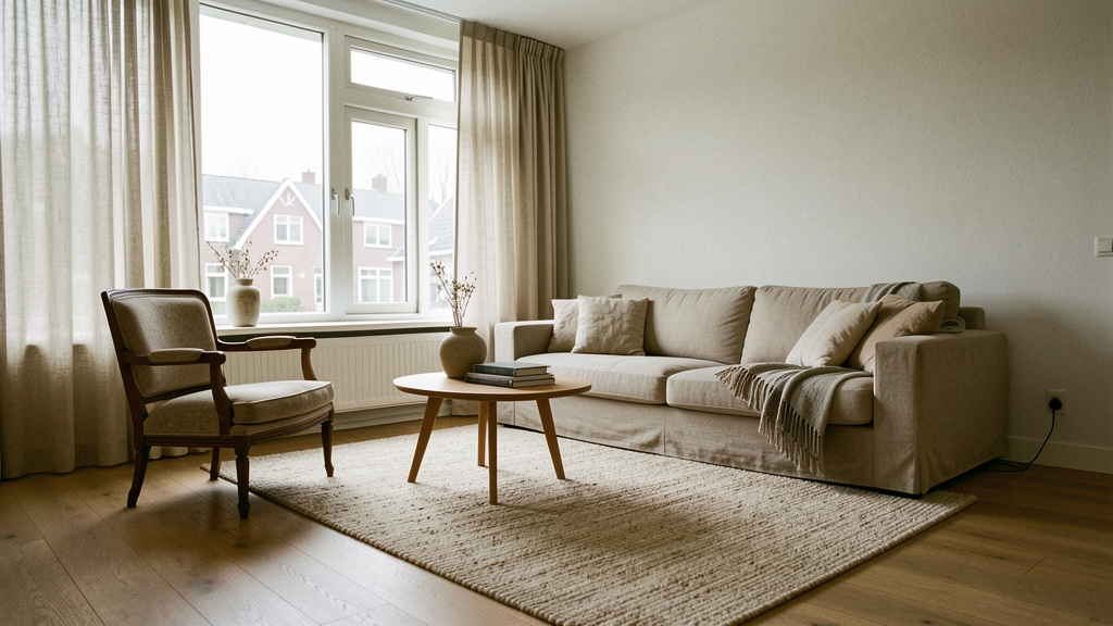 Of course furnished modern living room with large windows, soft fabrics and a warm carpet