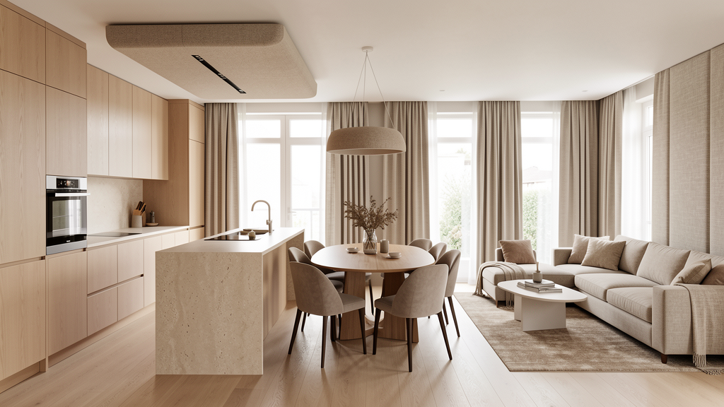 Open kitchen and living room with acoustic zoning to wall and ceiling