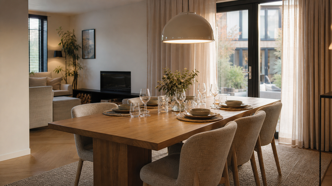Hot dining area with wooden table, soft chairs and natural materials