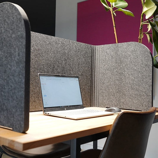 Foldable Desk screen Desky of dark grey PET felt on a table