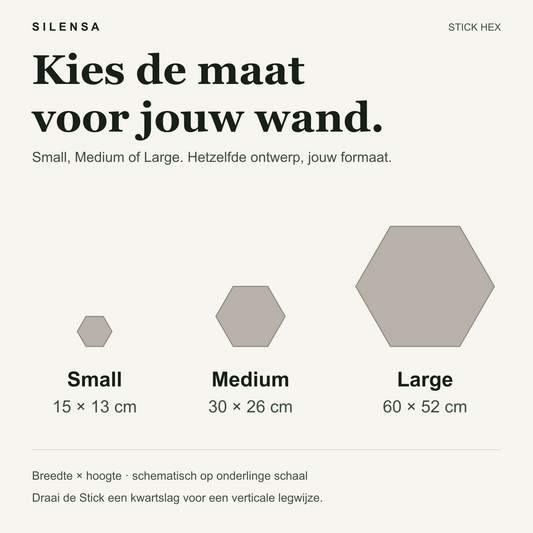Stick Hex maten: Small 15 × 13 cm, Medium 30 × 26 cm, Large 60 × 52 cm.
