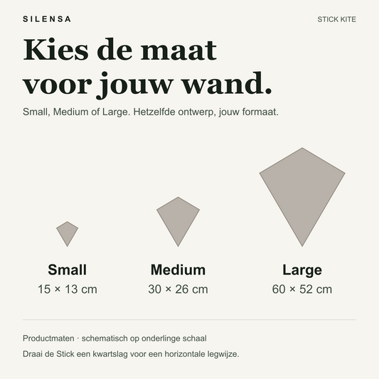 Stick Kite maten: Small 15 × 13 cm, Medium 30 × 26 cm, Large 60 × 52 cm.